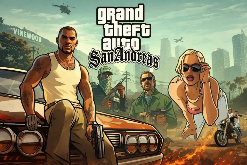 CJ standing with a gun near a classic car in front of a city skyline in GTA San Andreas.