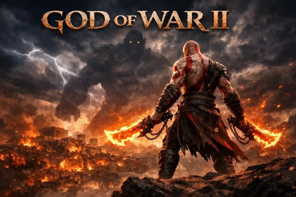Kratos with fiery blades facing a giant titan over a burning city.