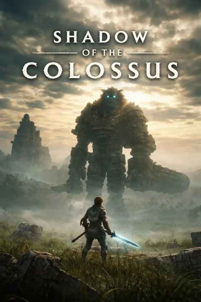 Young warrior holding a glowing sword facing a massive stone colossus in a misty ancient landscape.