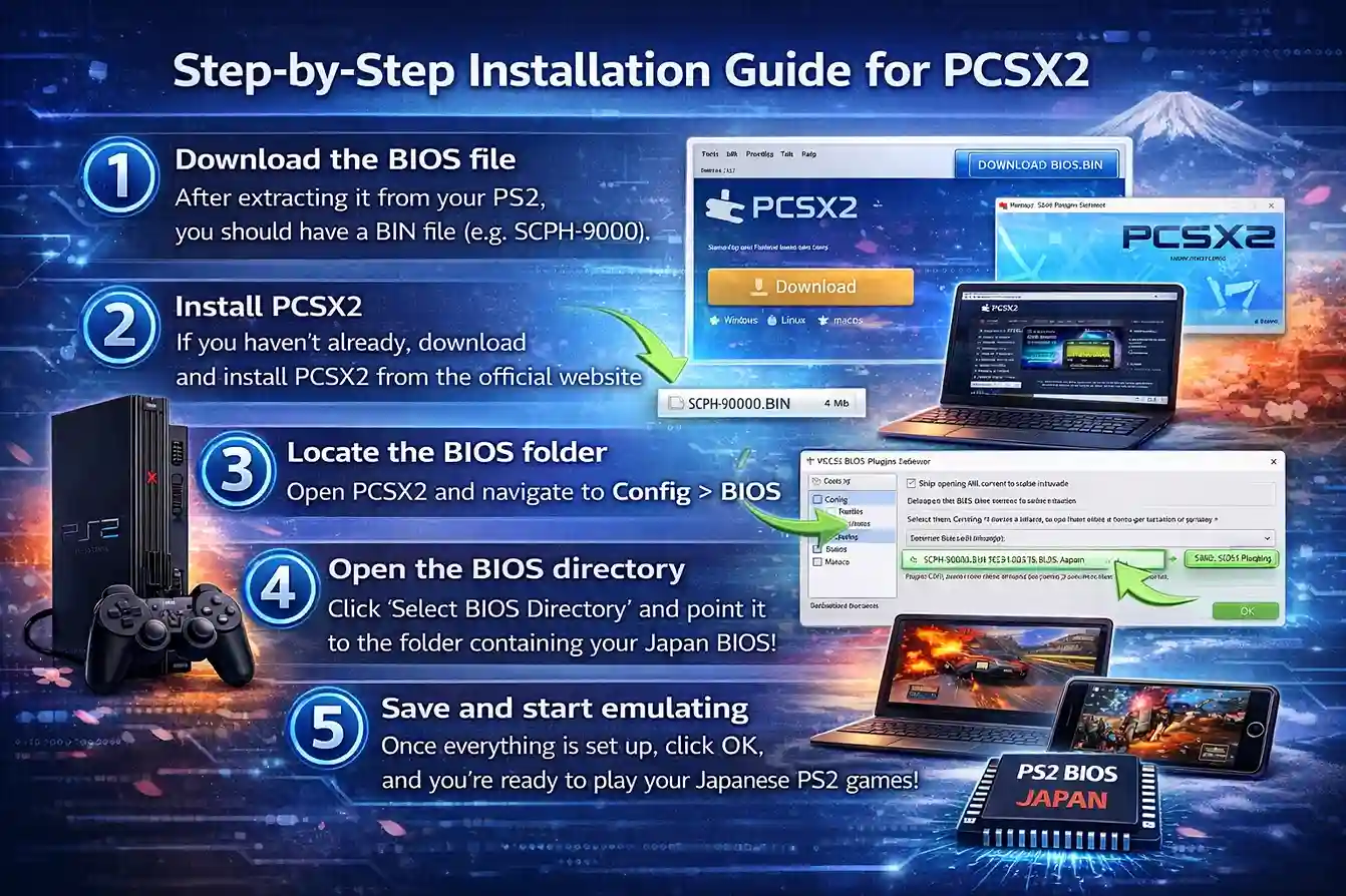 Step-by-step installation guide for PCSX2 showing PS2 console, BIOS file, and emulation setup