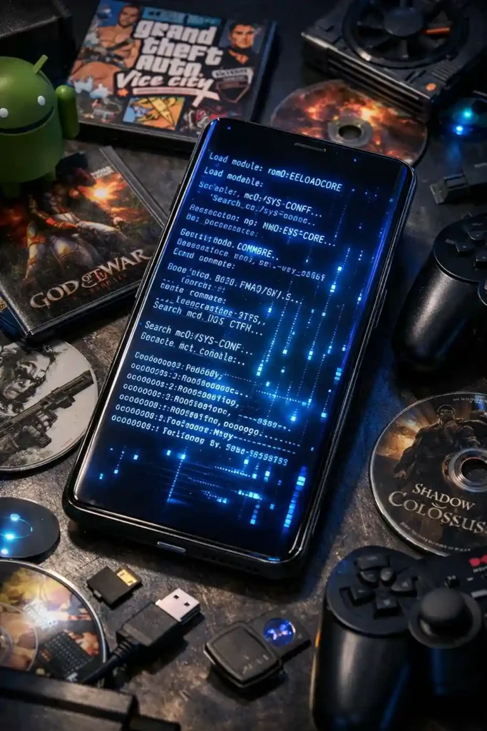 AetherSX2 PS2 emulator running on an Android smartphone with glowing PS2 BIOS code and classic PlayStation 2 games around it