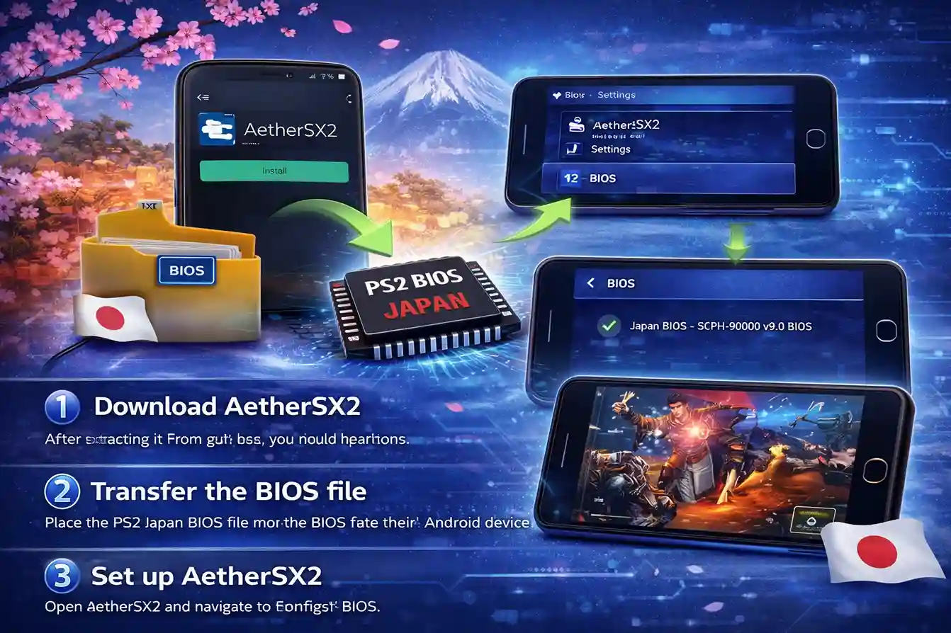 Step-by-step visual guide showing PS2 Japan BIOS setup on Android using AetherSX2 emulator