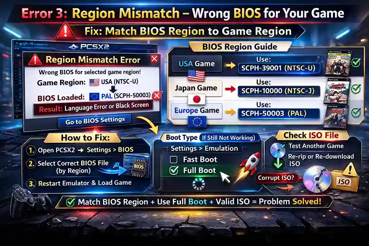 Error 4 in PCSX2 showing BIOS region mismatch and ISO boot troubleshooting guide.