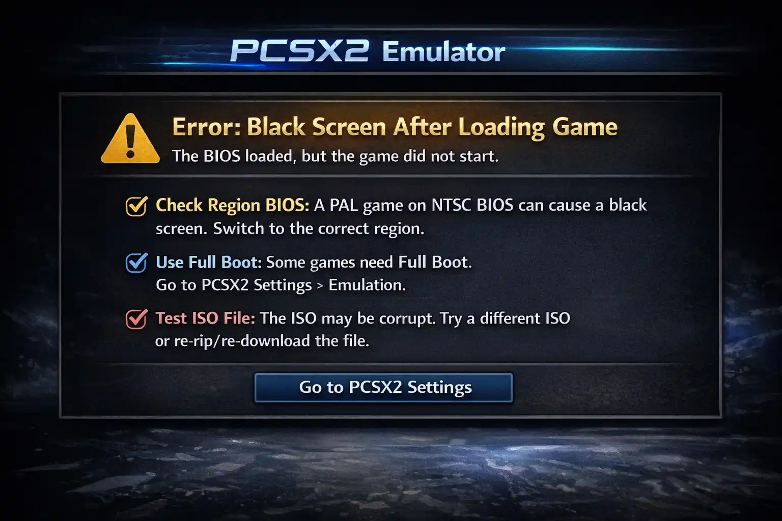 Fix Black Screen After Game Load – PCSX2 BIOS & ISO Error (1)