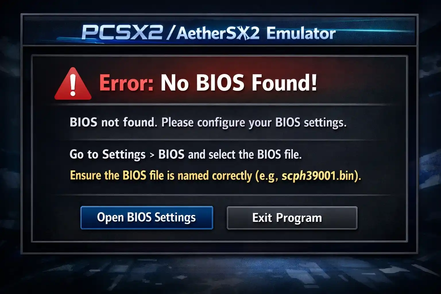 “No BIOS Found” error in PCSX2 and AetherSX2 showing PS2 BIOS setup fix.