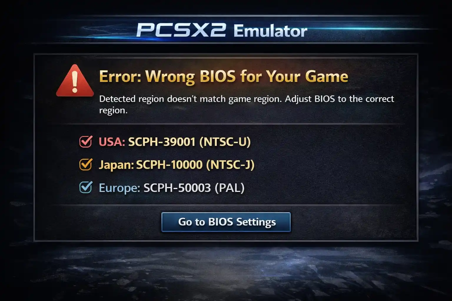 Region mismatch error in PCSX2 showing wrong BIOS selected for USA, Japan, and Europe games.