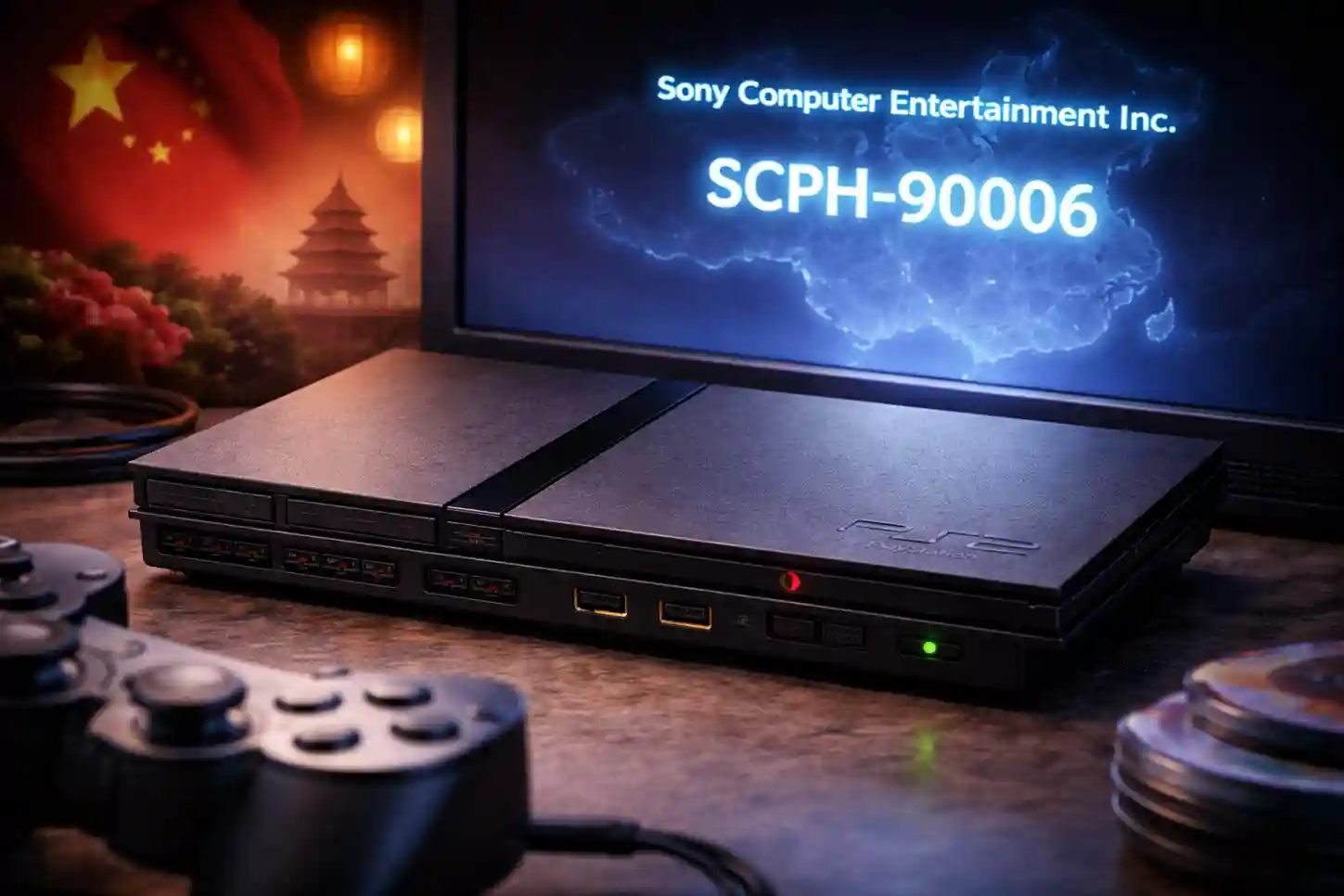 PlayStation 2 SCPH-90006 displaying China region BIOS with subtle Chinese-themed background.