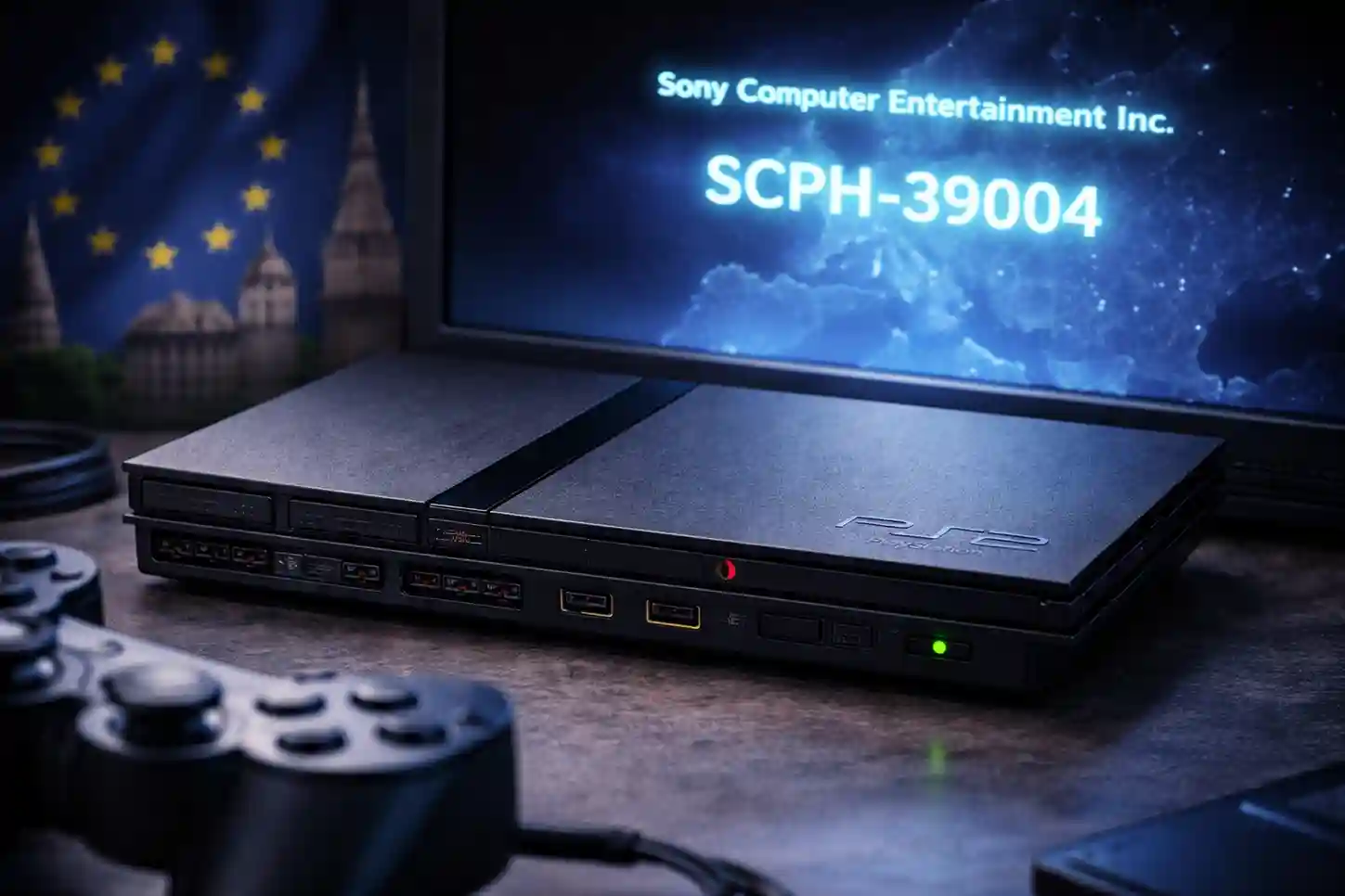 PS2 SCPH-39004 showing PAL BIOS with subtle European theme.