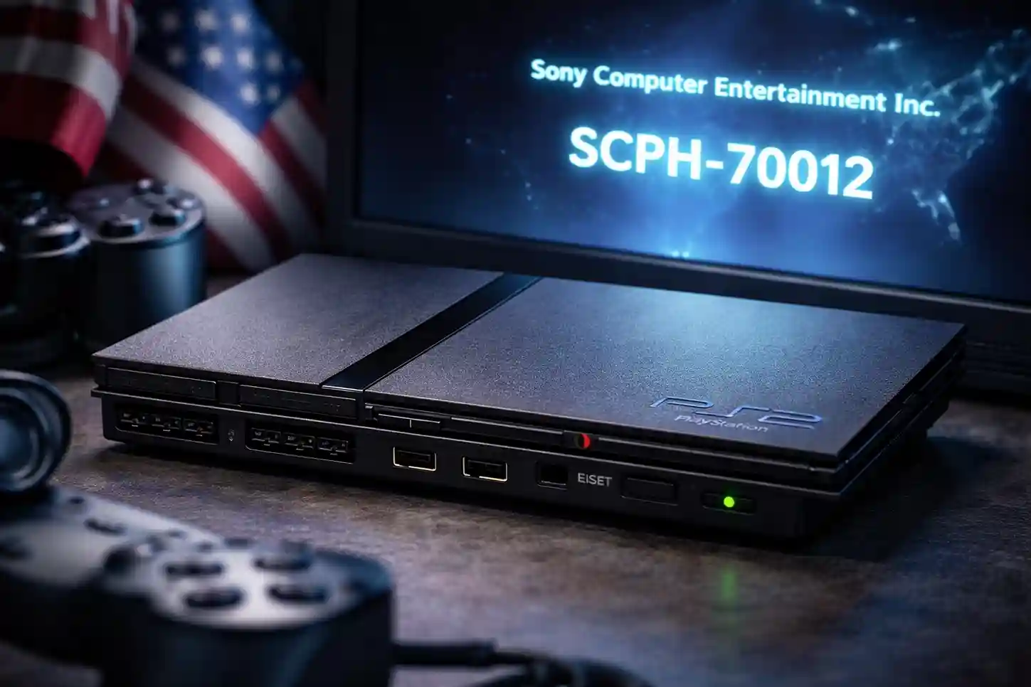 PlayStation 2 Slim SCPH-70012 displaying USA NTSC BIOS with subtle American-themed background.