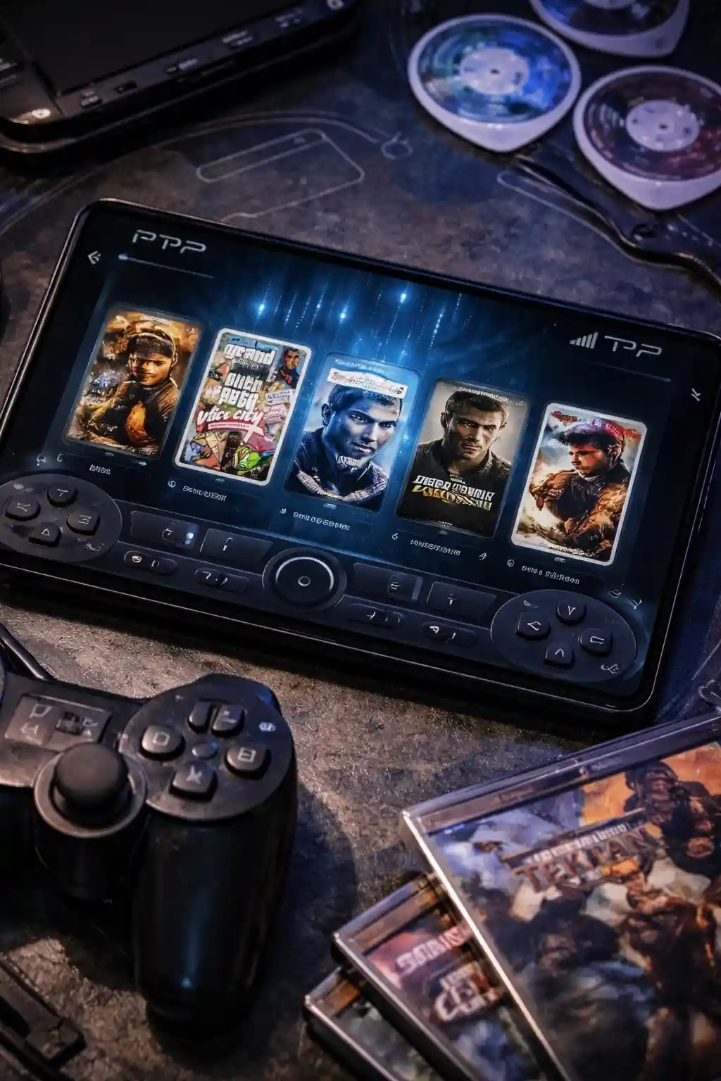 PSP emulator interface on an Android device displaying classic PlayStation 2 games with retro gaming accessories