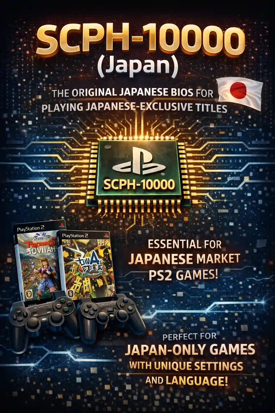 SCPH-10000 Japan PS2 BIOS chip with Japanese flag and PS2 game covers