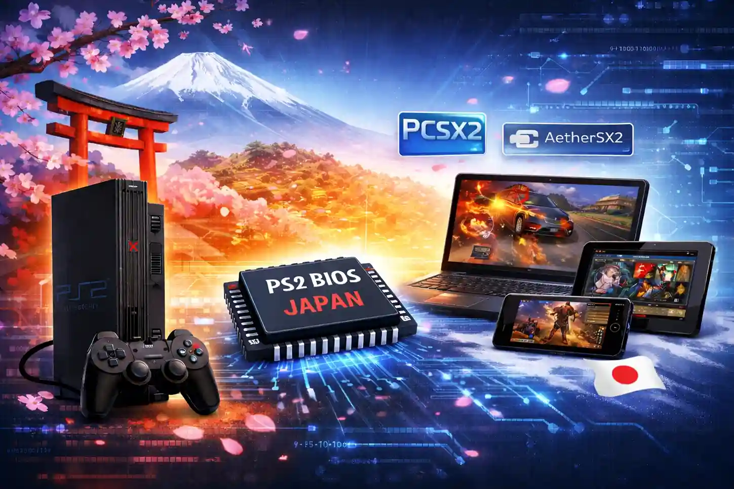 PS2 BIOS Japan illustration with console and emulator devices