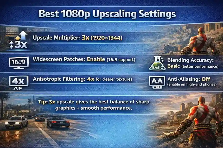 AetherSX2 PS2 graphics settings: 3× upscale, widescreen, 4× anisotropic, basic blending, AA off, texture filtering.