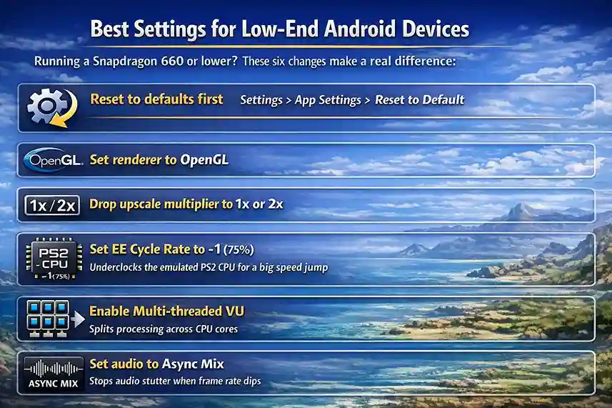 Infographic showing six key tips to optimize low-end Android devices for better performance.