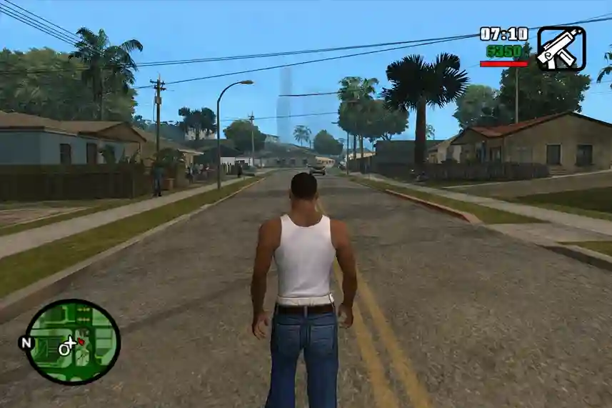 CJ walking in Los Santos gameplay screenshot of GTA San Andreas with Vulkan renderer and 3x upscale on AetherSX2