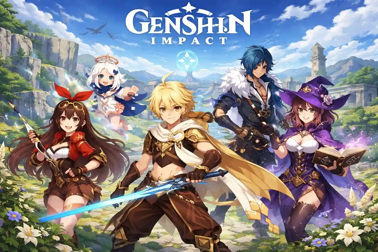 Genshin Impact characters Traveler, Amber, Kaeya, Lisa and Paimon in fantasy Mondstadt landscape wallpaper