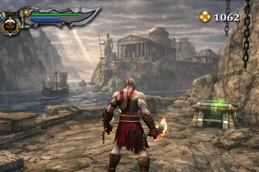Kratos gameplay screenshot in God of War using Vulkan renderer with 3x upscale and widescreen patch