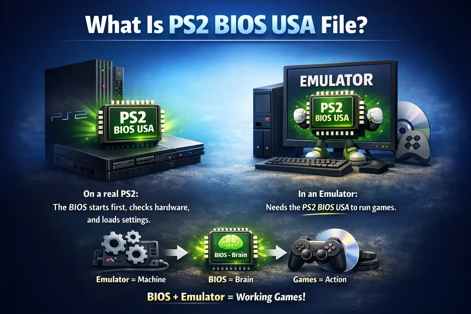 Diagram showing PS2 BIOS USA on console and emulator, explaining BIOS = brain for games.