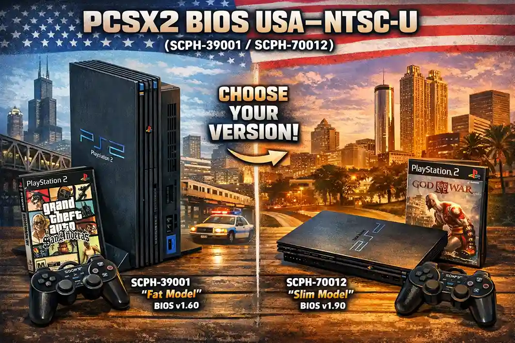 PCSX2 BIOS USA NTSC-U SCPH-39001 fat and SCPH-70012 slim models with PlayStation 2 consoles and game covers for PS2 emulator setup